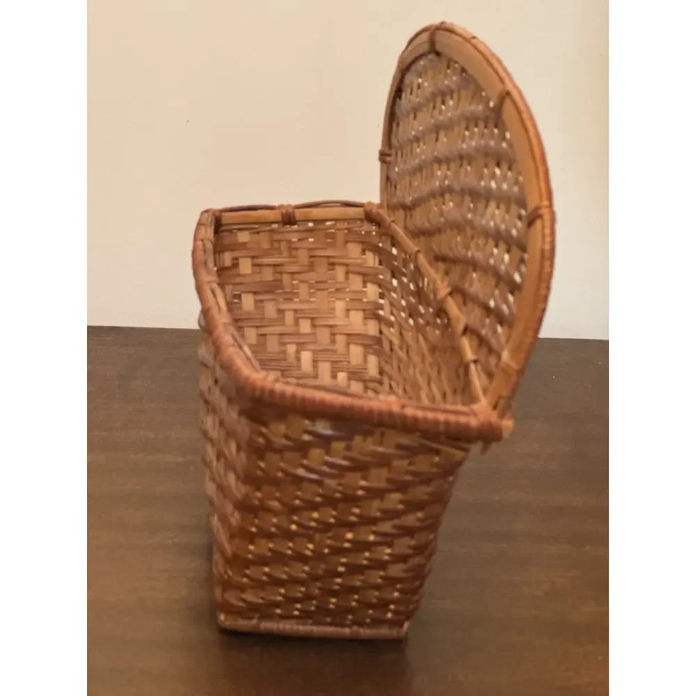 Woven Wicker Basket Two Tone Brown Pocket Flat Back Boho Farmhouse Decor Storage